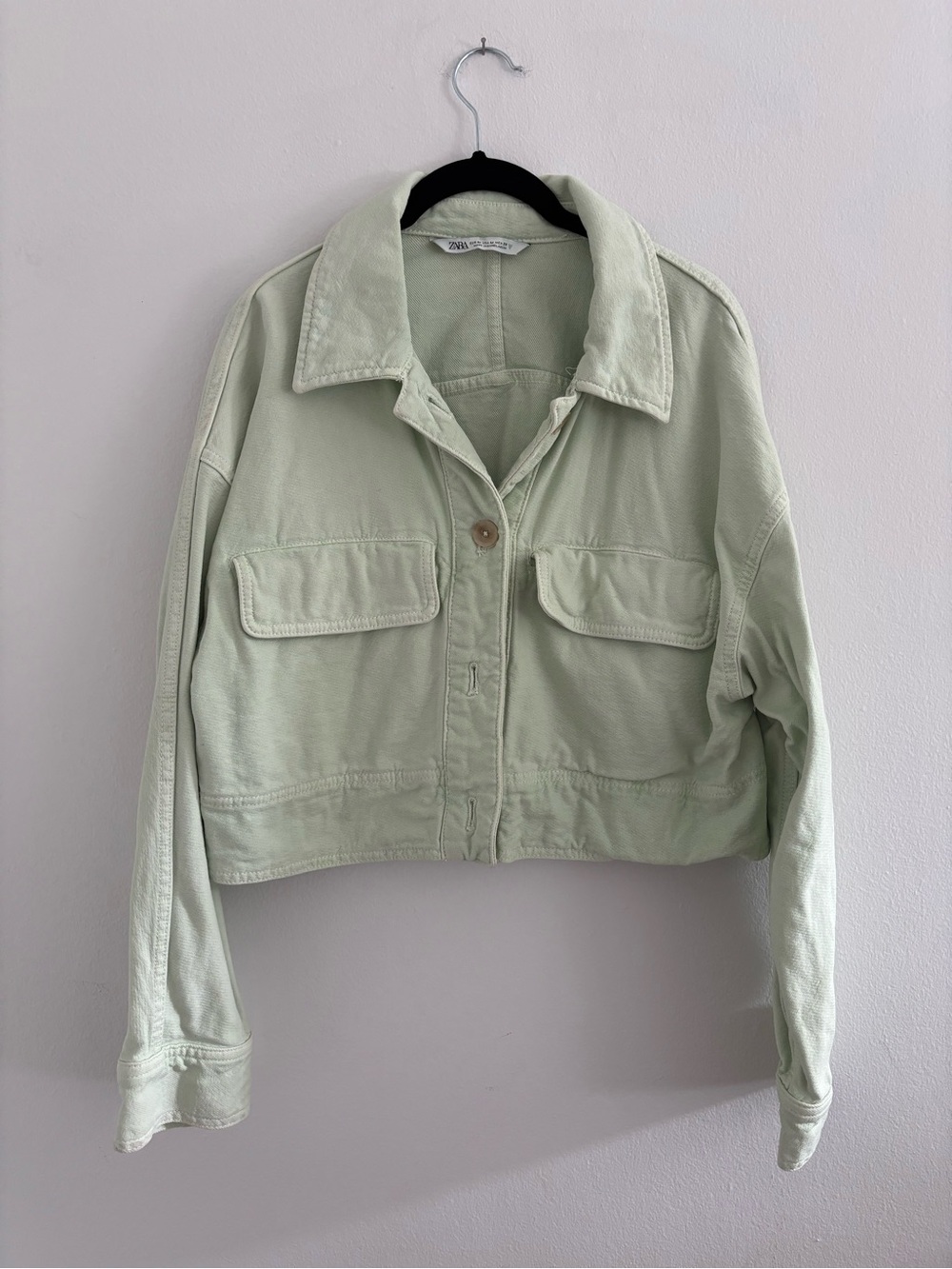 Zara Light Green Cropped Utility Jean Jacket - Women